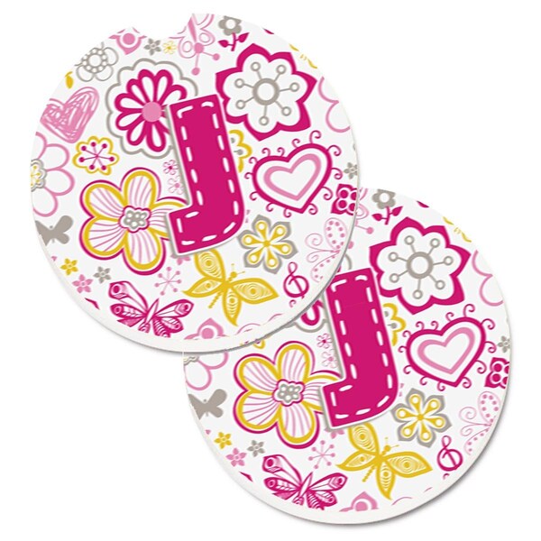 Carolines Treasures Letter J Flowers and Butterflies Pink Set of 2 Cup Holder Car Coaster CJ2005-JCARC - main